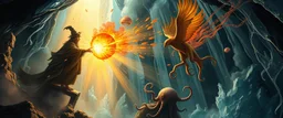 pin hole cam, fire smoke and fog and light rays, phoenix jellyfish octopus space ship bird witch in icy waterfall looks beyond really powerful slapping a bird in the face with fire, fantasy illustration, in the style of Rembrandt