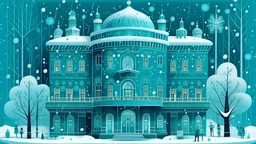 A cyan casino in a snowstorm designed in German folk art