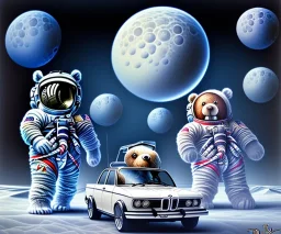 little boy and big teddy bears on moon. drifting in old bmw. oil on canvas