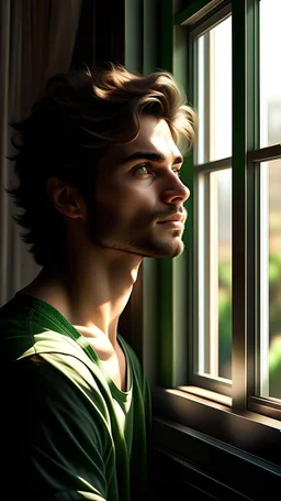 Digital Art, Digital Masterpiece, High Definition, Colorful, Natural Illumination, (Spotlight:1.5), (Window light:1), Sunny day, (1 handsome young man looking at window:2.5), (Wavy dark brown hair:2), (Green eyes:1.8), handsome gaze, fair skin, cute face, handsome face, (looking back:2.5), (Library at background:1.5), realistic anime style