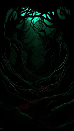 Picture an otherworldly forest, where twisted, blackened trees rise from the crimson soil. Bioluminescent plants cast an eerie, greenish light, creating an otherworldly atmosphere. Hidden within the shadows of the trees, strange and fantastical creatures lurk, their eyes glowing with an unnatural, malevolent light.
