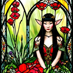 Stained Glass Art Nouveau art style A beautiful as a model asian woodland elf princess who looks like a young Lucy Liu seated on a throne surrounded by poppies and marijuana plants in a mystical forest, photo-realistic