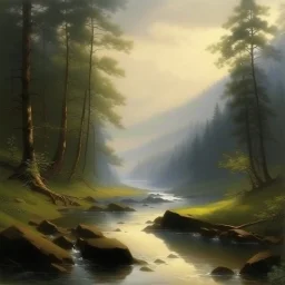 A black forest with a river painted by Ivan Aivazovsky