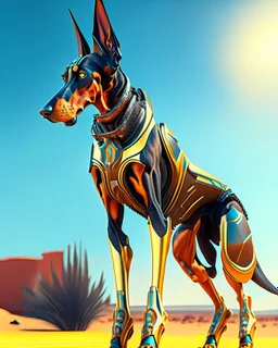 Hombre antropomórfico vista frontal orejas de perro Doberman obra de arte traje futurista hiperdetallado fantástico nítido cuerpo completo cabeza completa cabeza no recortada piernas completas botas completas botas no recortadas altura 1,75 clima soleado arte arte digital colores contrastantes 8k