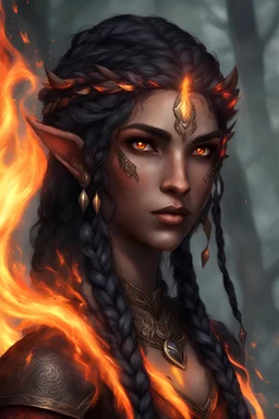Fire Eladrin druid female. Hair is long and bright black some braids and fire comes out from it. Eyes are noticeably red color, fire reflects. Make fire with both hands . Has a big scar over whole face. Skin color is dark