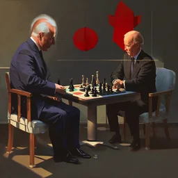 Putin, President Xi Of China And Joe Biden Play Chess between lights and shadow With A Pigeon,And Atomic Bomb Mushroom Cloud,Complex Surgical Instruments Intermixed With A Newborn Boy,Minimalism,Painting By Adrian Ghenie,Rene Magritte,Pablo Picasso,Michelangelo,Salvador Dali,Lucian Freud