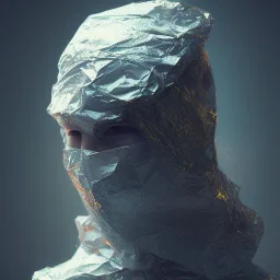 rendered in blender trash bag on his head and crumpled paper as a texture, collage paper and tape, slit - scan photography, high resolution, cinematic, unreal 6, breathtaking detailed