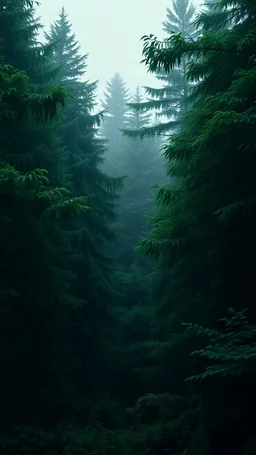 a calm greenery forest scene, different tones of dark green, cinematic photography, dense, slightly dusty, realistic