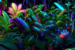 Expressively detailed and intricate 3d rendering of a hyperrealistic : neon jungle, avatar movie forest, surounded by flowers and plants, front view, symetric, artstation: award-winning: professional portrait: fantastical: clarity: 16k: ultra quality: striking: brilliance: amazing depth: masterfully crafted.