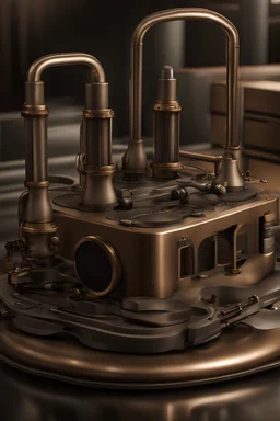 An ultra-photorealistic depiction of Pro Tools operating on a knuckle-duster computer encased in metal plating and wrapped in steaming pipes, giant bronze speaker cones blasting visible sound waves that shimmer in the air