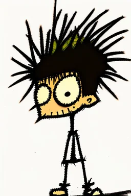 2d drawing of a stickman, cool with punk hair, x eyes like in hangman, standing, back view, slightly bended over and looking back into the camera, smiling,close-up ,3d realistic in colour