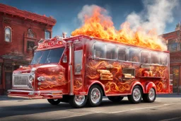 Crystal Clear glass food truck shaped like a firetruck, "5 Alarm Chili" food truck theme, surreal fantastical vehicle with the side open to a ordering window and food bar, elaborate, vibrant, fantastical hyperrealistic, maximalist, insanely detailed, concept art, smoke effect, "5 ALARM CHILI" logo