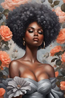 Create an expressive oil painting art image of a curvy black female wearing a grey off the shoulder blouse and she is looking down with Prominent makeup. Highly detailed tightly curly black afro. Background of large peach and grey flowers surrounding her