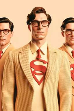 three men in different Gucci Superman's emblem clothing, beige tones, fashion plates, modern designa, deconstructed tailoring, rendered in cinema4d –q 2 –ar 3:5