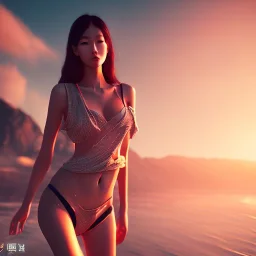 Asian women on the beach hot day atmospheric, realistic, unreal engine, lighting, octane render, no text,