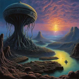 Eldritch landscape, lovecraftian entity whose purpose of existence is to kindle a light in the darkness of mere being; fantastical surrealism; weird horror; warm sharp colors; art form beyond; by Tim White