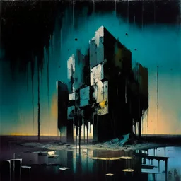 Dystopian future In desolate landscape at night. With a brutalist architecture concrete decaying blocks falling. Minmal Abstract oil painting in style of Justin Mortimer. Smudges and dripping paint.