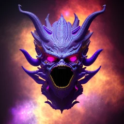 oni purple mask in galaxy, teal and purple smoke, detailed, realistic, 4k