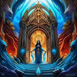 A psychedelic digital painting depicting occult high priestess before swirling dimensional gateway revealing sunken Atlantis, with band logo The Fold Path present. Titled "Realms Revealed" representing the concept album's themes of discovering forgotten mystical worlds.