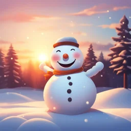 a smiling snowman, serene and peaceful sunset background, soft sunlight, beautiful flat style 2d art