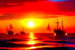 ships sailing into a sunset with red flags