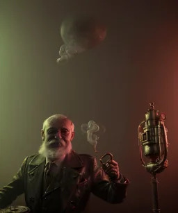 Surreal, steampunk, cabaret scene. Russian old man. Sweat, rain, smoking, happy, hot, color fog, people background, highly detailed, concept art, unreal engine 5, god rays, ray tracing, RTX, lumen lighting, ultra detail, volumetric lighting, 3d, finely drawn, high definition, high resolution.