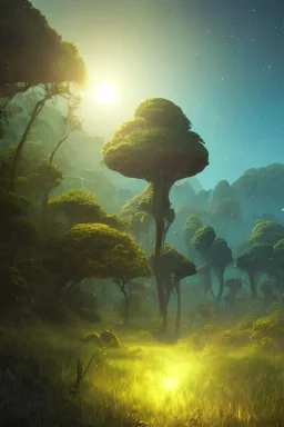 An amazing alien landscape with lush vegetation and colourful galaxy foreground, digital art, breathtaking, golden ratio, extremely detailed, hyper-detailed, establishing shot, hyperrealistic, cinematic lighting, particles, unreal engine, simon stålenhag, rendered by Beeple, Makoto Shinkai, syd meade, Kentaro Miura, environment concept, artstation, octane render, 8K UHD image