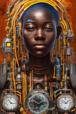 african portrait in rusted clocks, rust, scaffolding, ghana colours, cyberpunk, high detail