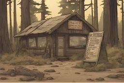 Lodge, administrative, overgrown, post-apocalyptic, comic book, camp site signs
