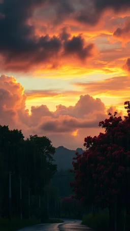 amazing details, 8k, high detailed, high quality, higher resolution, vintage color palate, nostalgia vibes, heavy rain, dark clouds, Depict a breathtaking sunset after a monsoon, with vibrant colors illuminating the sky, trees, flowers, clouds,