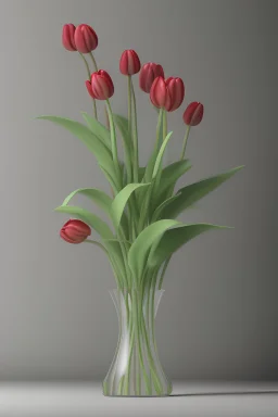 Sprouts of young tulips in a clear vase with water on gray background