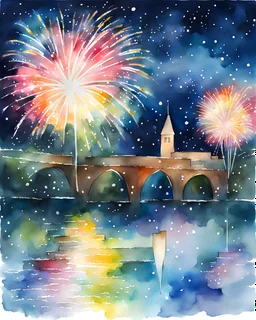water color new year night fireworks in sky,watercolor painting, colorful,