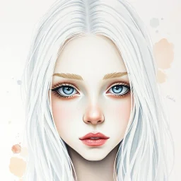 A young woman with long white hair, white eyebrows, light grey eyes, long eyelashes, very pale, ((very shy)), watercolor splotchy background, soft brushstrokes, intricately detailed