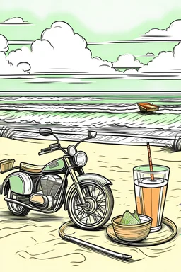 Dessin de plage et cocktail avec paille avec une moto