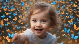 Magical Fantastic young happy child facing camera, Liquid Structure, Flying butterflies, Splash, Portrait Photography, Fantasy Background, Intricate Patterns, Ultra Detailed, Luminous, Radiance, Joy, Exuberance, Fun, energy, excitement, Ultra Realism, Complex Details, Intricate Details, 16k, HDR, High Quality, Trending On Artstation, Sharp Focus, Studio Photo, Intricate Details, Highly Detailed