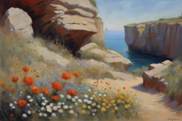 sunny day, rocks, flowers, cliffs, sci-fi, friedrich eckenfelder and henry luyten impressionism paintings