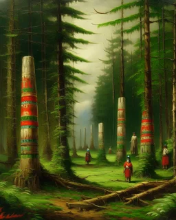 A forest filled with totem poles painted by George Inness