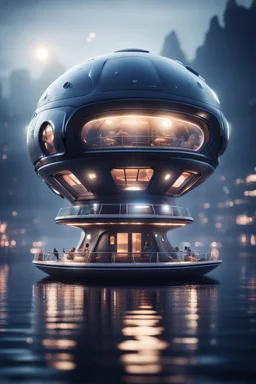 a misty bubble shaped modular house boat that looks like a dark twisted alien space ship with spotlights, in advanced hi tech dock, bokeh like f/0.8, tilt-shift lens 8k, high detail, smooth render, down-light, unreal engine, prize winning