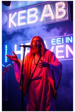 An "Kebab man" performing at dance club, his name is "Kebab man" and looks crazy, Jesus on stage, White and light blueNeon lights and smog, "KEBAB IN HEAVEN" SIGN ON WALL