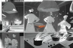 black and white storyboard, 3 chefs, scattered throughout the kitchen cooking, frying, cutting