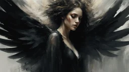 Dark and ethereal, the angel's black wings spread. Each wing carried with it an ancient story, a deep secret that hid in the shadows. cinematic detailed mysterious sharp focus high contrast dramatic volumetric lighting, :: mysterious and dark esoteric atmosphere :: digital matte painting by Jeremy Mann + Carne Griffiths + Leonid Afremov,, dramatic shading, detailed face