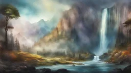 moody sky, Waterfall and mountains, Digital watercolour, disintegrating double exposure fairy-tale Illustration, Stylised watercolour art, Intricate, Complex contrast, HDR, Sharp, soft Cinematic Volumetric lighting, perfect masterpiece, detailed matte painting, deep color, fantastical, intricate detail, splash screen, complementary colors, fantasy concept art