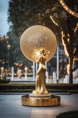 A magnificent golden and silver heart-shaped sign adorned with a stunning golden sphere encrusted with sparkling diamond clusters at its center, elegantly spinning in position,a girl golden statue in standing pose