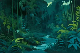 A dark teal jungle with a toxic river painted by Henry-Robert Brésil