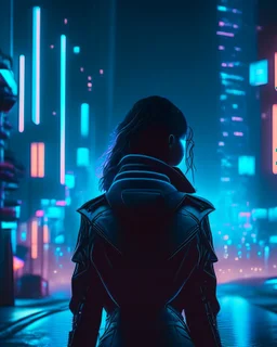 Noir, woman from the back silhouetted by neon lights facing empty night futuristic city in photorealistic style, ice blue neon signs, street level view, raytracing, depth of field, cinematic, highly detailed, rim lighting