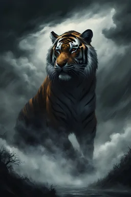 thick very dense foggy clouds a powerful tiger, a view in the animal's counter-angle, an ominous fantasy illustration, dark fantasy artwork, in style of dark power fantasy art, dark fantasy beautiful art, dark fantasy style art, dark fantasy illustration, dark fantasy art, dark soul concept art, inspired by Beksinski, fantasy horror art, dark fantasy concept art, dark concept art, fantasy dark art, dramatic concept art, powerful art with warm light