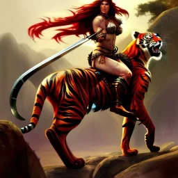 ultra detailed portrait of beautiful Red Sonja riding a Great tiger ,wearing plate armor, extremely detailed digital painting, in the style of Robert Howard and Earl Norem and fenghua zhong and ruan jia and jeremy lipking and peter mohrbacher, mystical colors, rim light, beautiful lighting, 8 k, stunning scene, raytracing, octane, trending on artstation