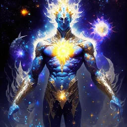 A divine being made from the combination of water and sun with cosmic powers and Dracula God-like man with infinite power who owns the galaxies and wears a beautiful crown A battle suit made of galaxies and stars with a glove that has seven endless stones