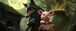 bad ninja wolf carrying a lovely scared wtf are you up to, pig girl with dress under his arms, big cauldron in the background in the style of escher and fallout 4