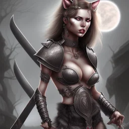 Sexy female warrior cat eyes full body battle background